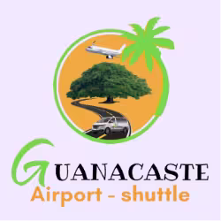 Guanacaste Airport Shuttle logo featuring a passenger van on the road, Guanacaste tree, palm tree, and flying airplane.