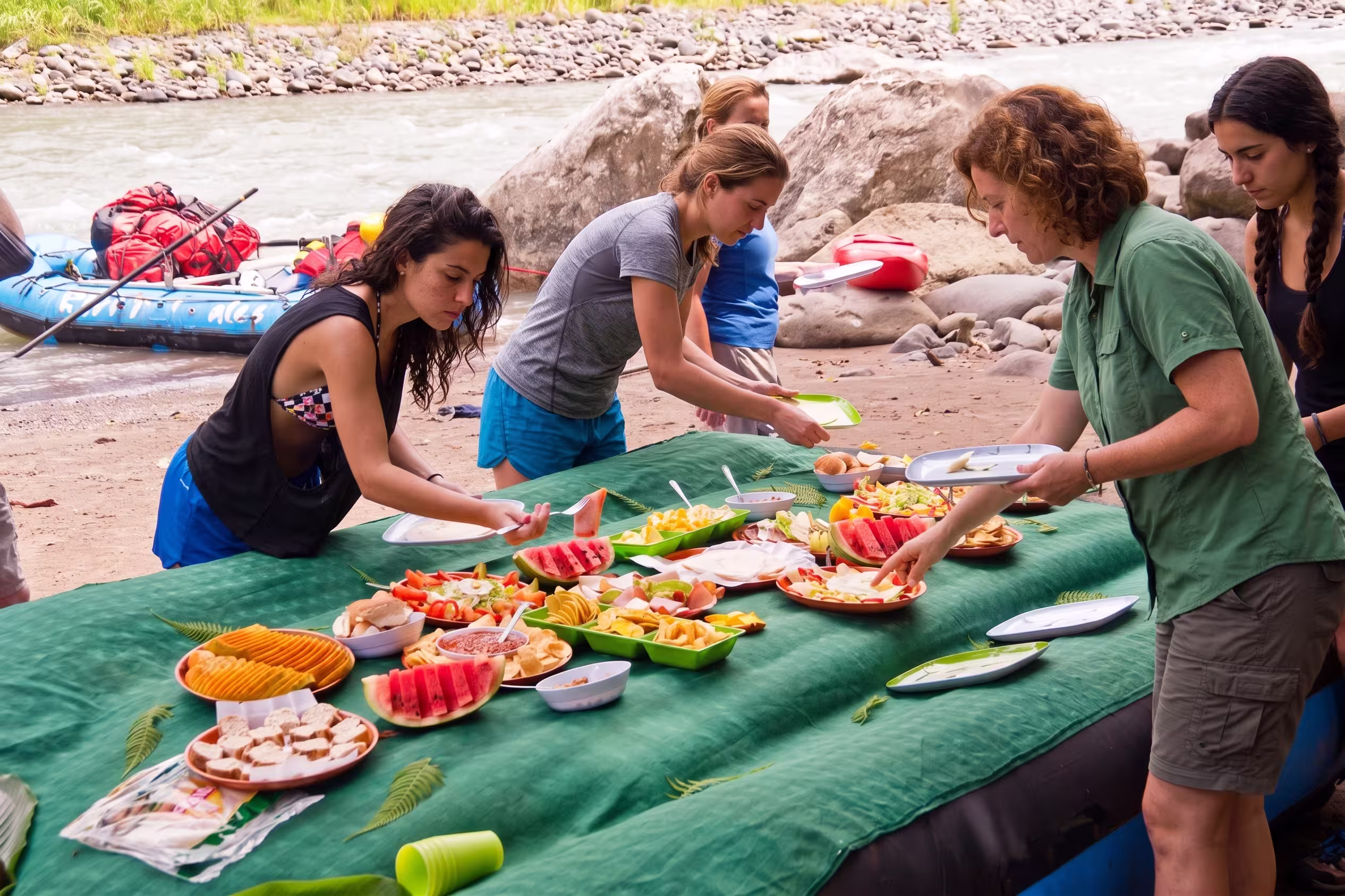 Fresh organic watermelon and pineapple snacks served on the riverbank during rafting trip