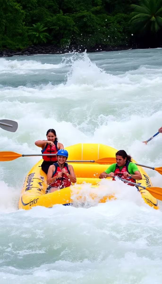 Whitewater river rafting adventure tour in yellow inflatable raft on Costa Rica river