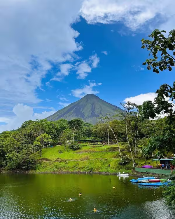 Scenic panoramic view of Arenal Volcano from Mistico Hanging Bridges Park trail